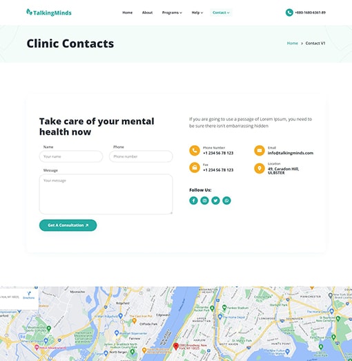 Clinic Contacts - Talking Minds – Psychotherapist Site Template
